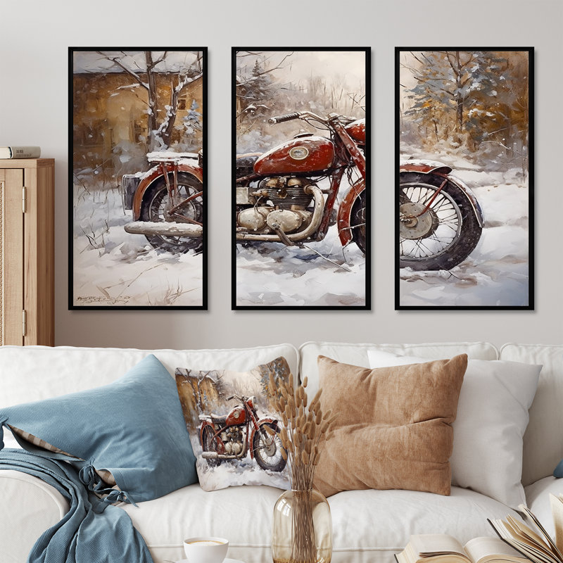 Red Rustic Bike In Winter - Ensemble de salon d'art mural moto, Cadre flottant noir, H 32 po x l 48 po x P 1 po