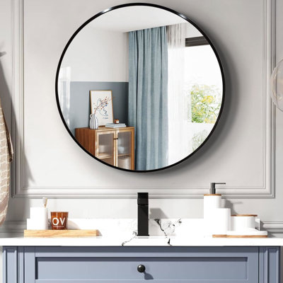 36 Inch Black Metal Framed Wall Mirror For Bathroom Allure - Hd Glass, Rust Aluminum Alloy, Shatterproof Film Security Round Modern Decor Plans Aluminum, Added Features