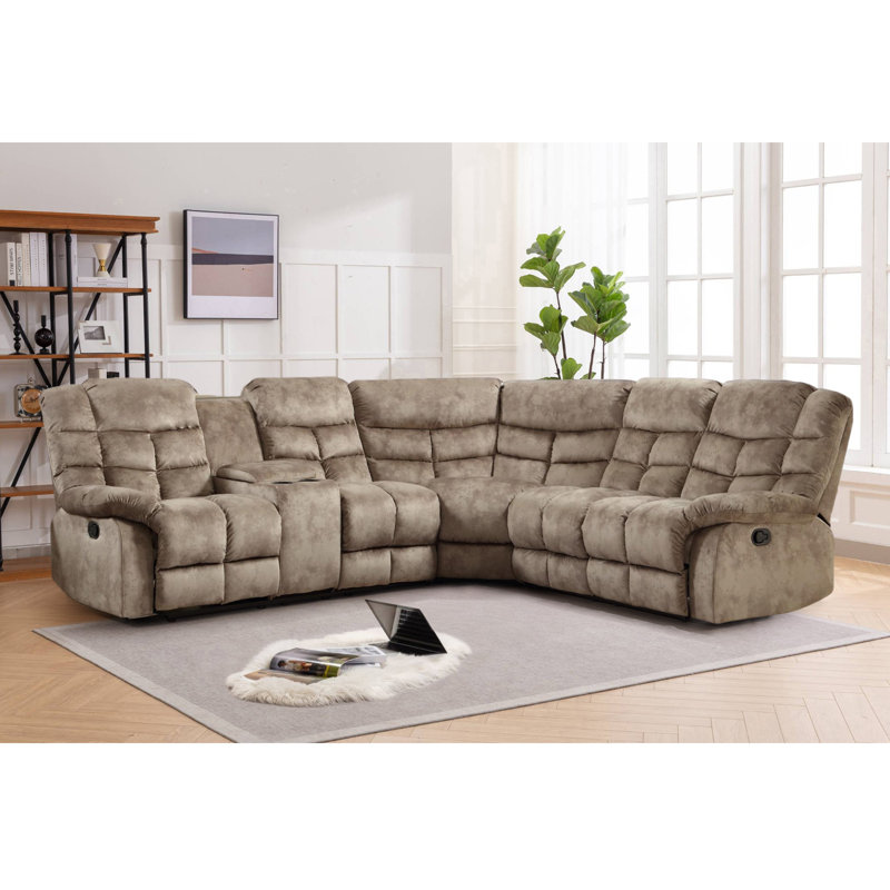 Karish 3-Piece Upholstered Manual Reclining Sectional with Cupholders and Storage , Brown Microfiber / Microsuede