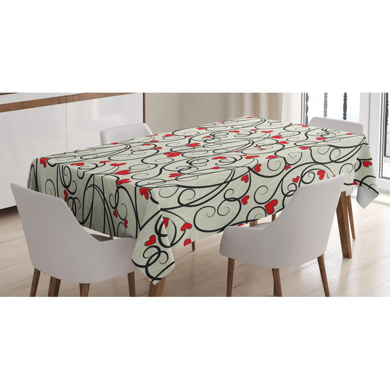 Ambesonne Love Tablecloth, Wave Floral Heart Summer Swirl Illustration Flourishes Foliage Classical, Rectangular Table Cover For Dining Room Kitchen Decor, 60" X 84", Eggshell Vermilion Black
