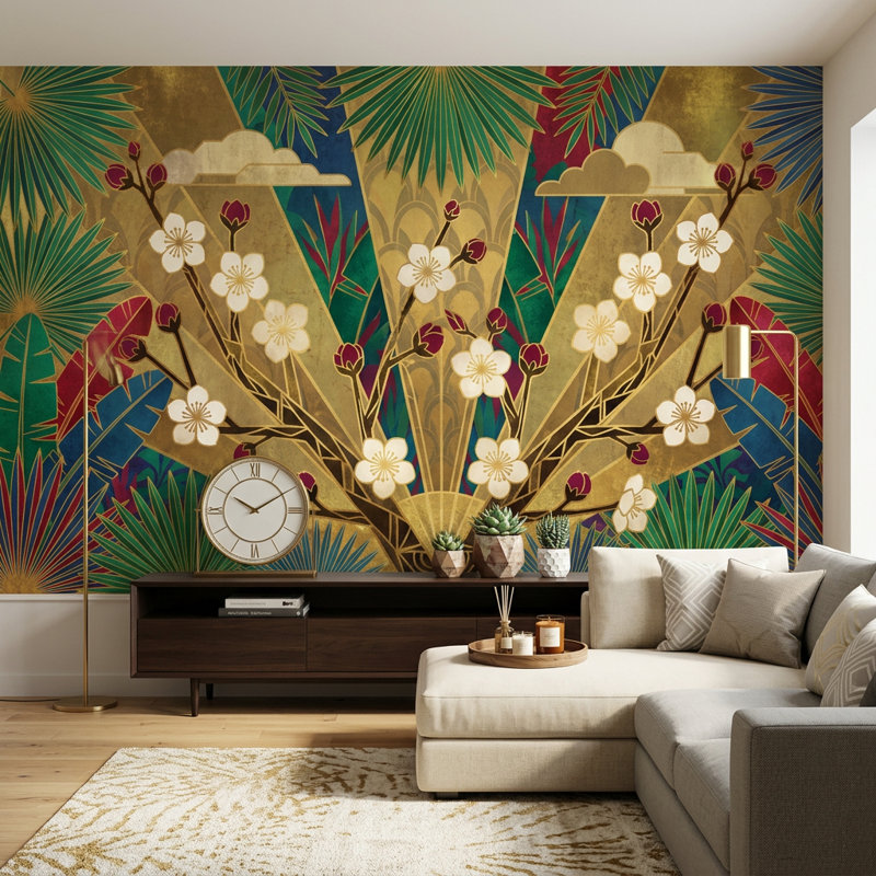 Papier peint art déco feuilles tropicales dorées, Texturé non collé, 100 po x 96 po