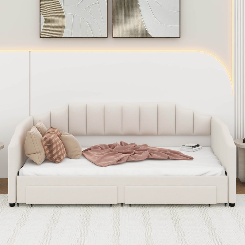Twin XL To King Extendable Upholstered Daybed With Drawers And LED Light, Beige