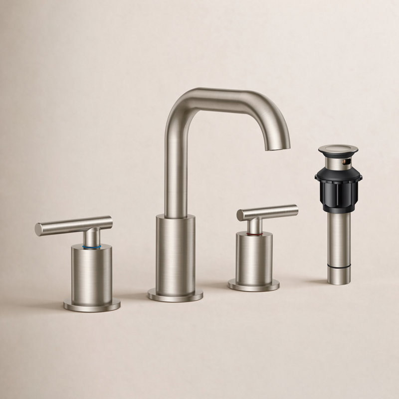 Robinet de salle de bain à large entraxe avec bonde, Nickel brossé
