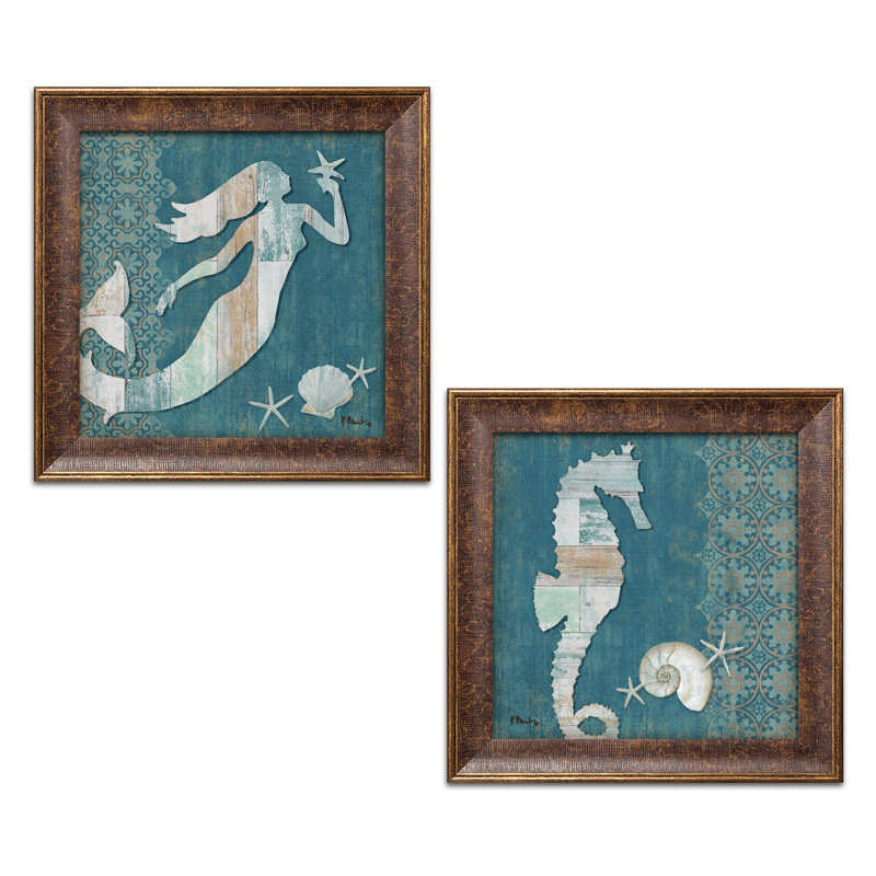 «Distress Beach Décor Mermaid & Seahorse Nautical» par Paul Brent - ensemble de 2 impressions, H 12 po x l 12 po x P 0,75 po