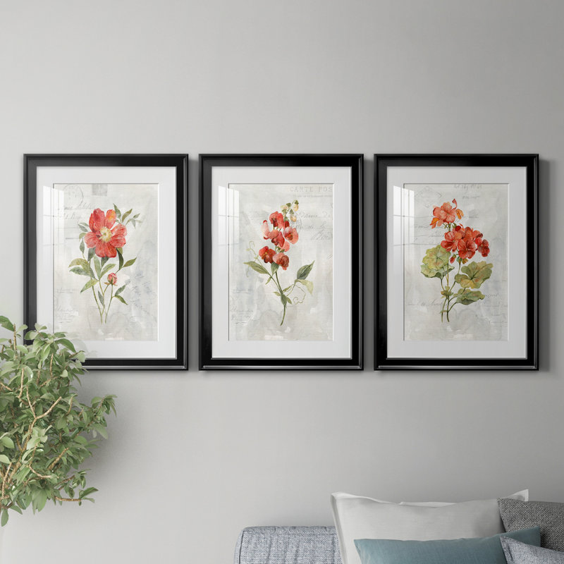 Lin géranium - ensemble de 3 reproductions de cadres photo, H 22,5 po x l 91,5 po x P 1,5 po, Noir