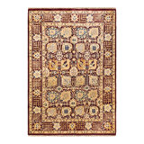 Tapis ivoire / rouge / bleu en laine noué à la main de conception unique 6 pi 1 po x 6 pi 7 po New Age