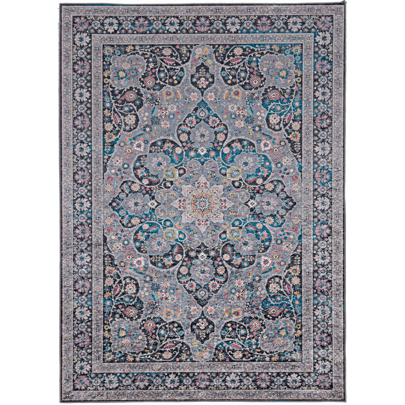 Emanuel Traditional Machine Woven Flatweave Gray and Blue Area Rug with Non Skid Backing , Rectangle 6'7" x 9'7"
