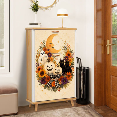 Minimaliste citrouille d'Halloween citrouilles fantômes, couronne de fleurs, tournesols, lune, armoire de rangement pour chaussures avec 3 tiroirs rabattables, range-chaussures autoportant, économiseur d'espace, chaussures, meubles de rangement pour vestibule, entrée, petit appartement, maison