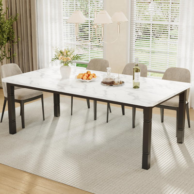 Rectangular Dining Table for 6-8, Modern Farmhouse Wood Kitchen Table with Metal Frame, Large Conference Desk, White