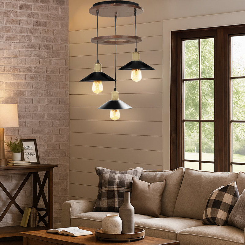 Luminaire suspendu 3 lumières 2 niveaux, Noyer