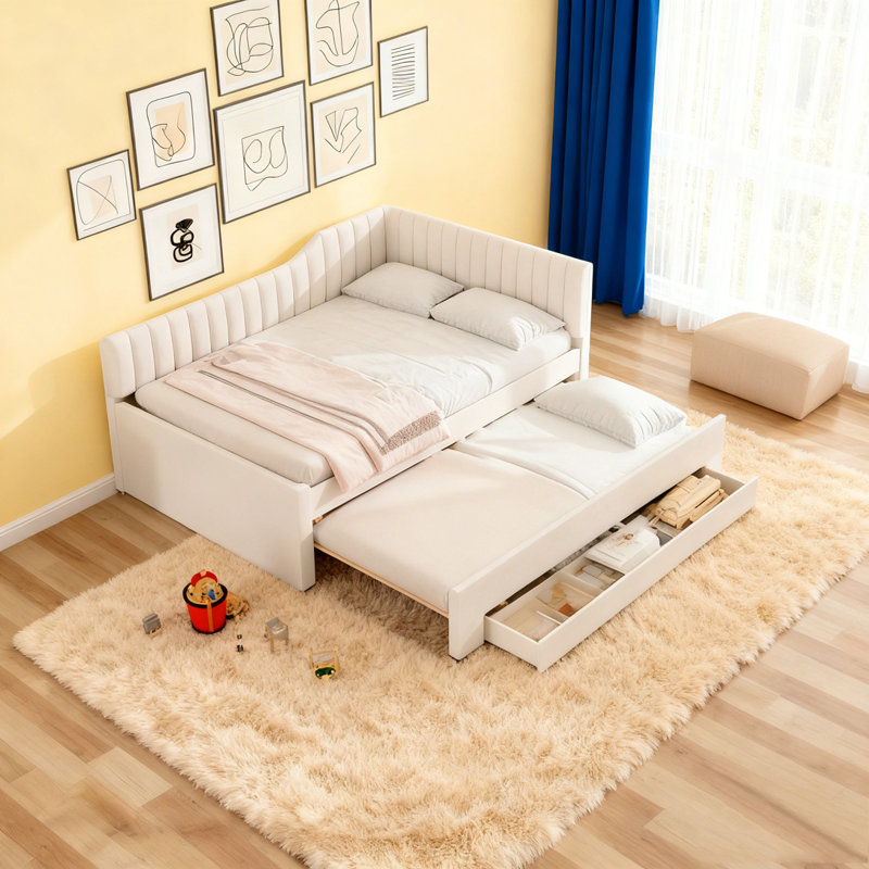 Upholstered Daybed with Trundle and Three Drawers, Beige