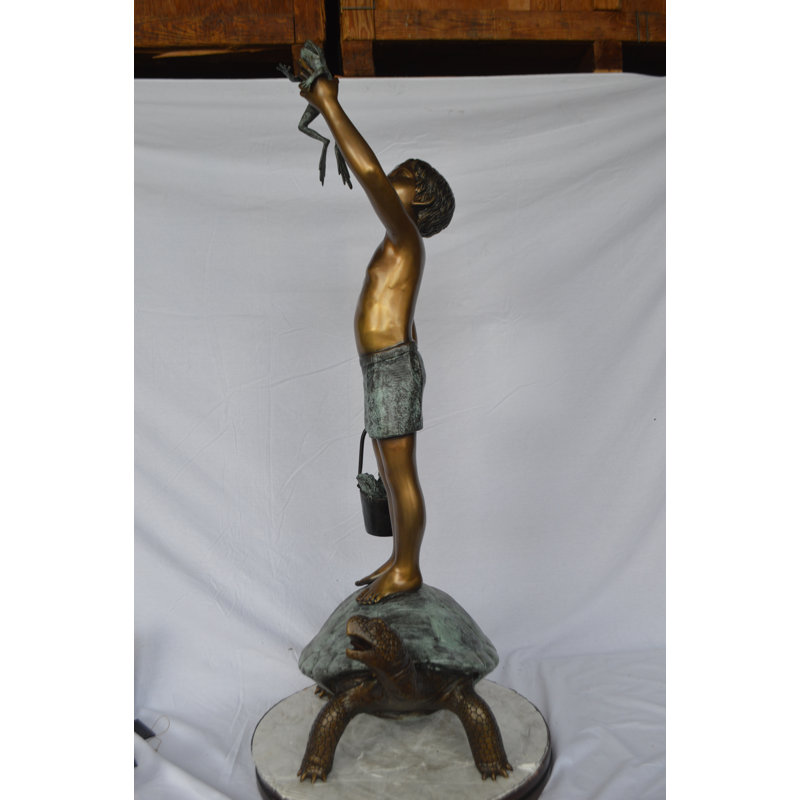 Copper and Metal Boy on Turtle Holding Frog Fountain