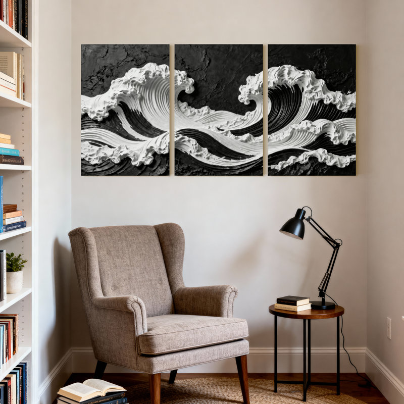 Abstract Black And White Wave Pattern Art Set of 3 Canvas Wall Art Prints, 18" H x 36" W