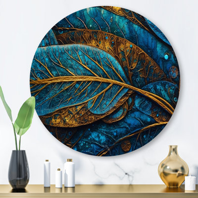 Art mural rond en métal bleu et doré, "Boho Feather"