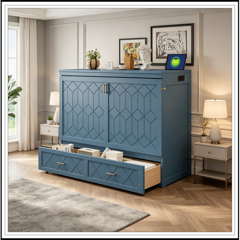 Grand lit escamotable Catarina avec tiroir, ensemble de prises et ports USB, Marine