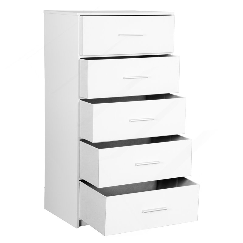 Commode 5 tiroirs avec grands tiroirs en tissu, blanc, Blanc