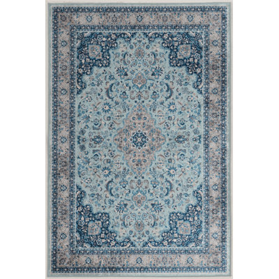 Emanuel Traditional Machine Woven Flatweave Light Blue and Blue Area Rug with Non Skid Backing 