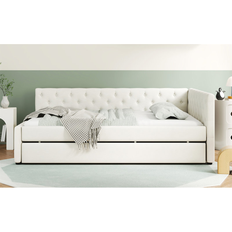 Lit plateforme tapissier capitonné avec lit gigogne très grand, Beige