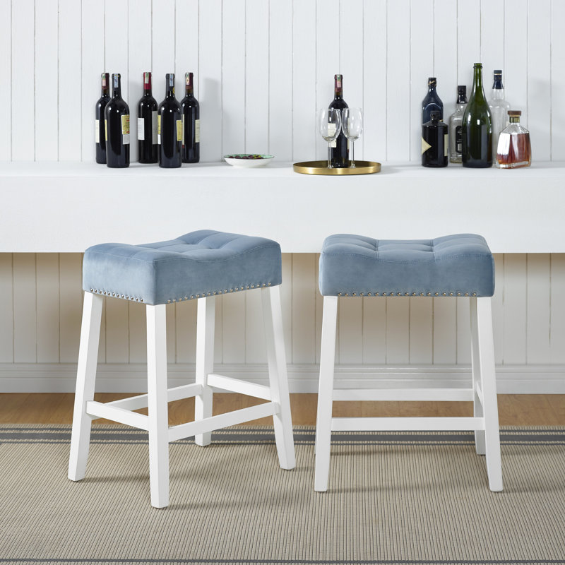 2 tabourets de hauteur de comptoir en velours, siège de selle, bleu, siège blanc délavé, teinte bleue,, Bleu
