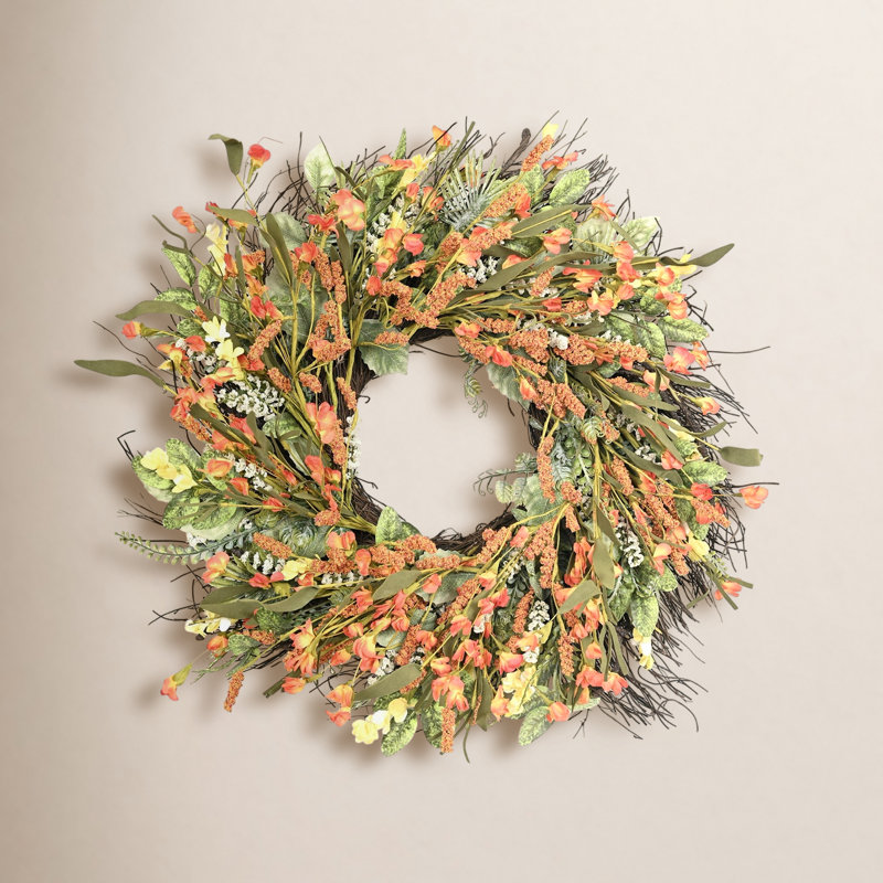24 po de brindille rustique artificielle, verdure, feuillage, grappe, baies, fleurs sauvages, récolte d'automne, porte d'entrée, couronne, décor de l'Action de grâce