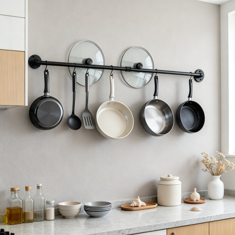 Barre murale de 38 pouces (96,5 cm) pour casseroles, poêles et ustensiles, 10 crochets en S, noire, 2.5" H x 38" W x 2.5" D