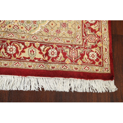 Tapis rouge en laine et en soie noué à la main de conception unique 4 pi 1 po x 6 pi 3 po