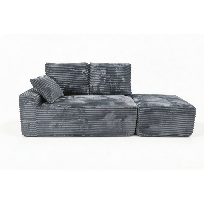 Canapé d'angle modulaire en velours côtelé gris avec pouf, petit canapé nuage avec assise profonde et 3 coussins, méridienne orientée à gauche