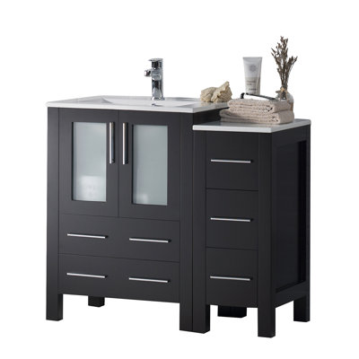 Meuble-lavabo en bois massif 36 po avec lavabo et armoire d'appoint en céramique Blossom | Meuble-lavabo sur pied à simple cuve | Tiroirs à fermeture en douceur et portes en verre trempé
