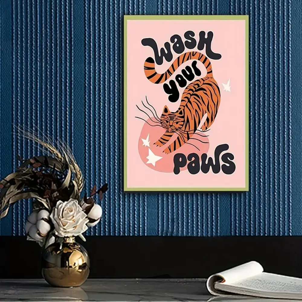 90*60 Whimsical Tiger "Wash Your Paws" Canvas Print - Vintage Wooden Framed Wall Art.