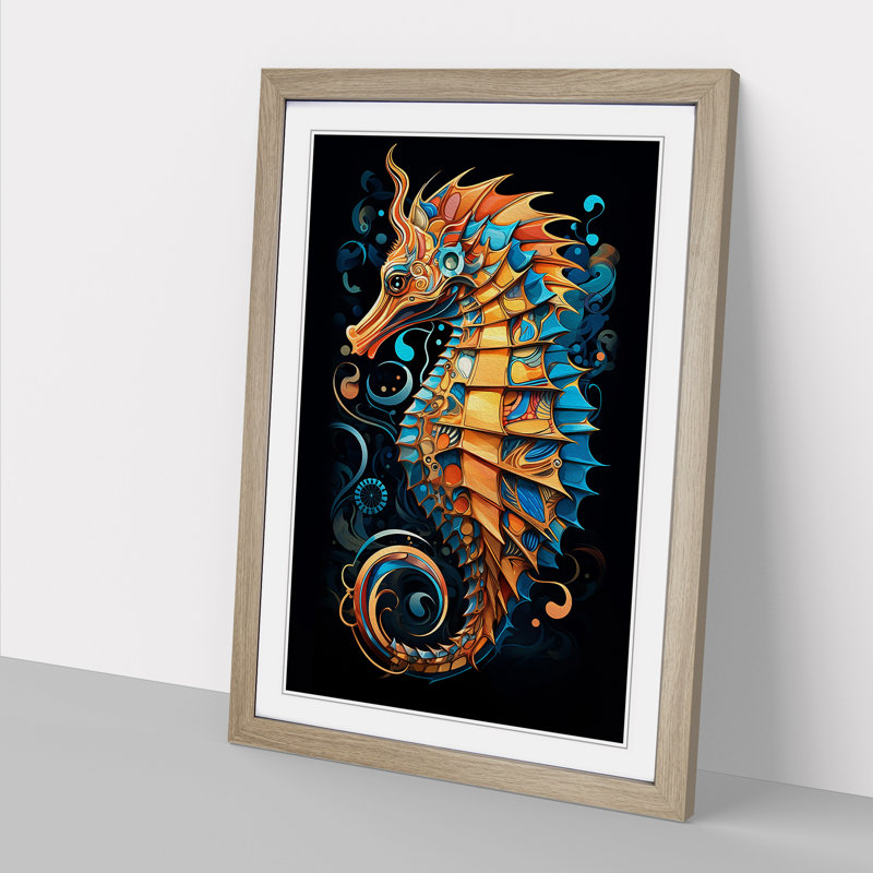 Seahorse Geometric - Single Picture Frame Print on Wood, Oak , 64cm H x 46cm W x 2cm D