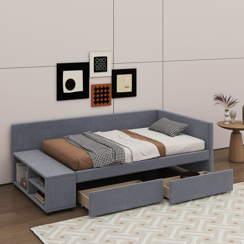 Lit plateforme simple en L tapissier avec tiroirs sous le lit, Gris