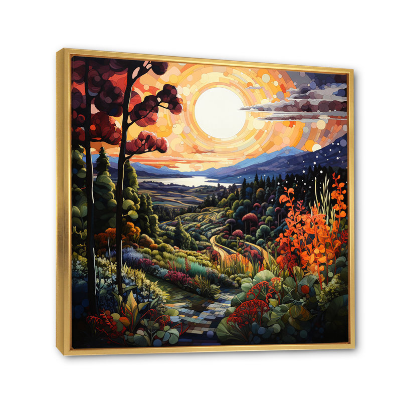 «Green Orange Vineyard Bliss Pointillism», reproduction d'art sur toile, H 16 po x l 16 po x P 1 po, Cadre flottant doré