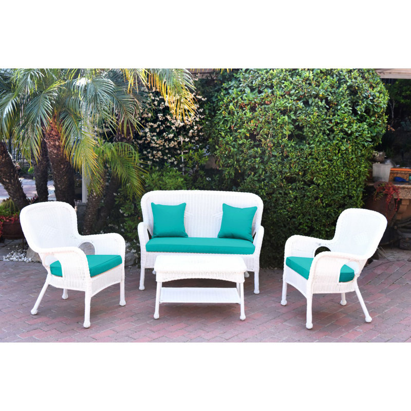 Bellas 4 Piece Sofa Set with Cushions, Turquoise, White