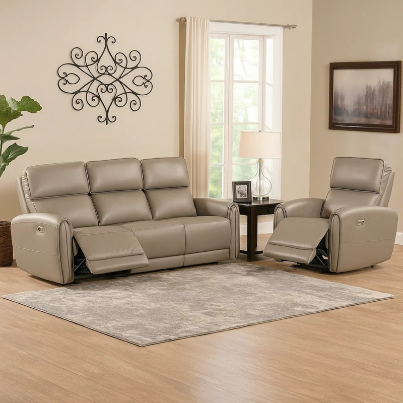 Sily 2 Piece Power Reclining Sofa And Loveseat Set, Beige Faux Leather, Beige