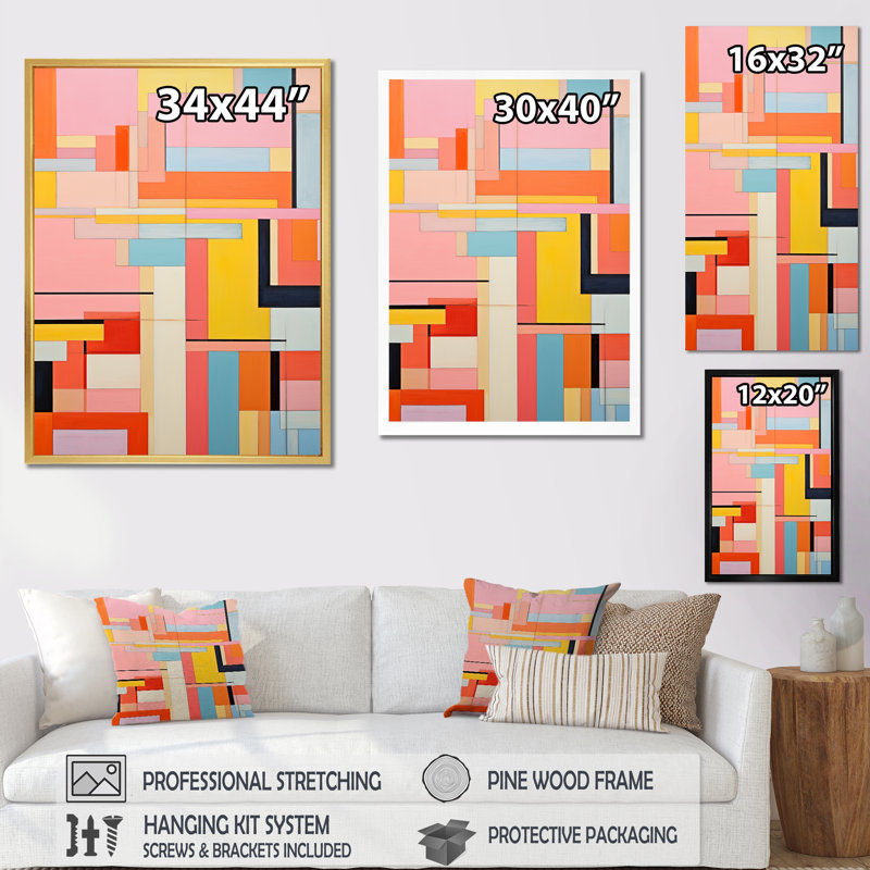 De Stijl, géométrique pastel harmonie II - art mural abstrait sur toile, Cadre photo doré simple