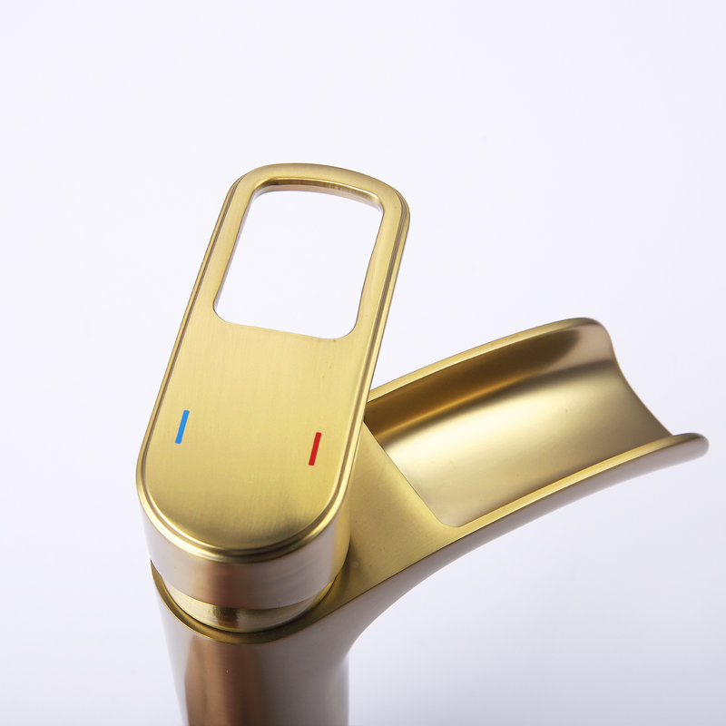 Robinet pour salle de bain Waterfall - Robinet pour salle de bain à poignée simple avec drain, Or brossé