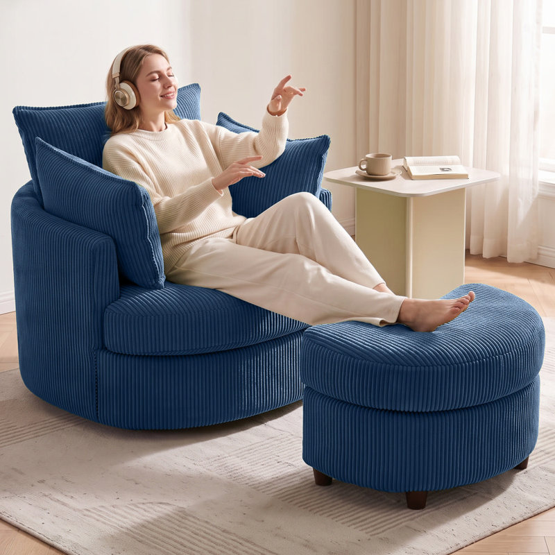 Fauteuil d'appoint pivotant en tonneau avec rangement caché Corduroy, Bleu très foncé