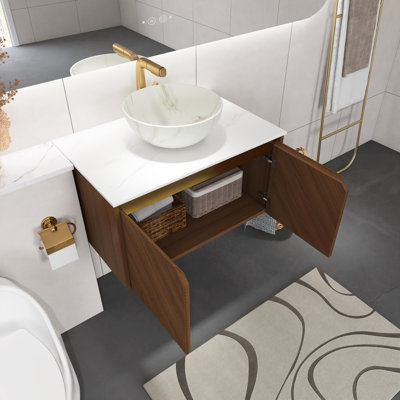Brown Oak Woodgrain 30 Inch Bathroom Vanity With Sink, Floating Plywood Storage Cabinet, Twill Double Doors With Metal Trim, White Bowl Stone Pattern  Ceramic Basin And Sintered Stone Top