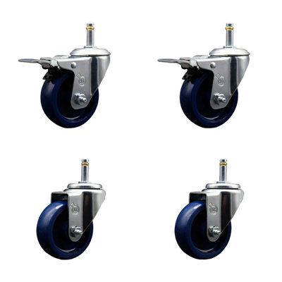 3.5 Inch Solid Poly Wheel Swivel 7/16 Inch Stem Caster Set 2 Total Lock Brake