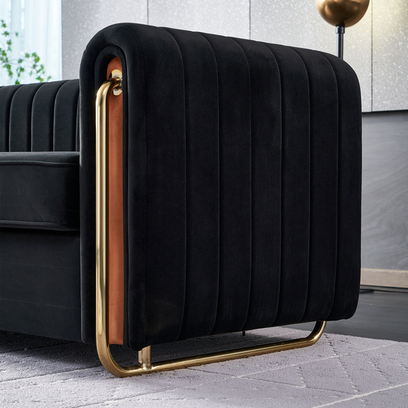 84.25" Modern Tufted Velvet Round Arm Sofa, Black Velvet