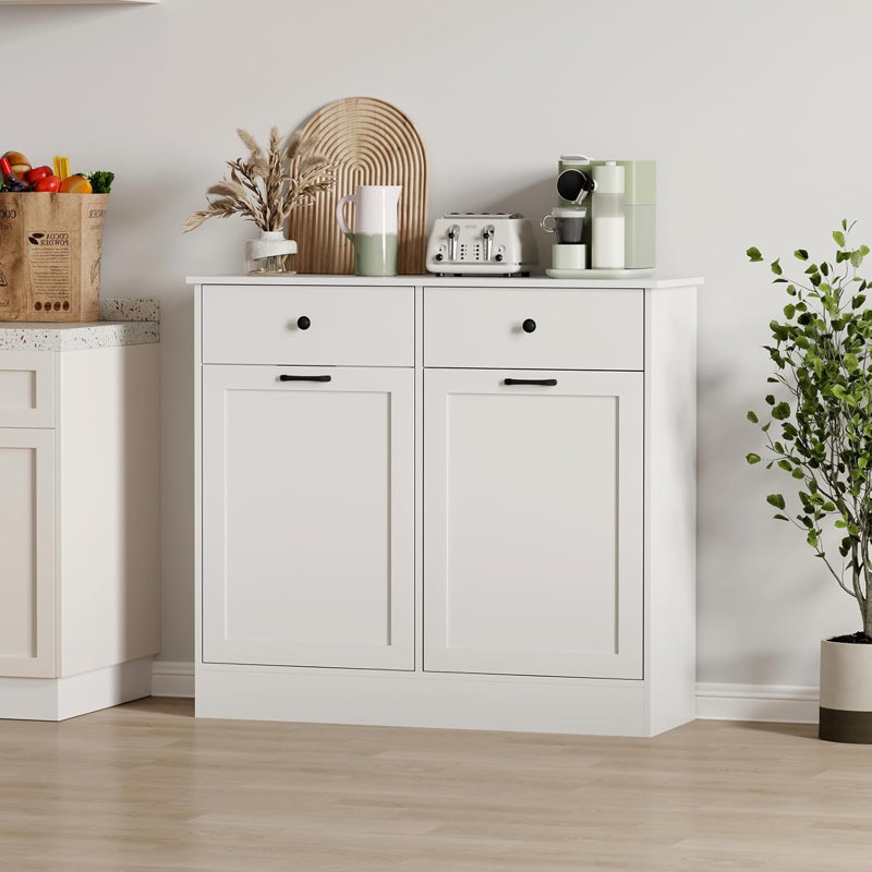 Armoire poubelle blanche à double basculement 20 gallons, rangement en bois avec fonction désodorisante, panier à linge caché avec tiroir et bac à l'épreuve des animaux