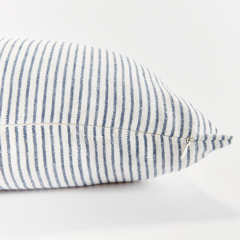 Jules European Flax Fiber Pillow Cover & Insert, Square 24", Navy/Ivory/Pinstripe, Knife Edge