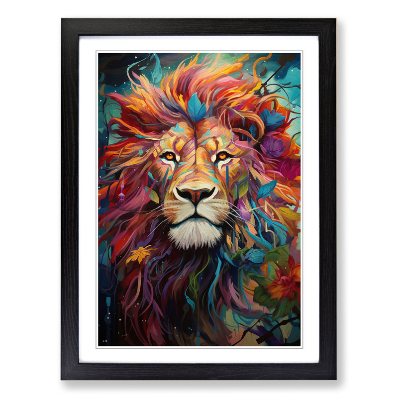 Lion Orphism - Single Picture Frame Print on Wood, 64cm H x 46cm W x 2cm D, Black
