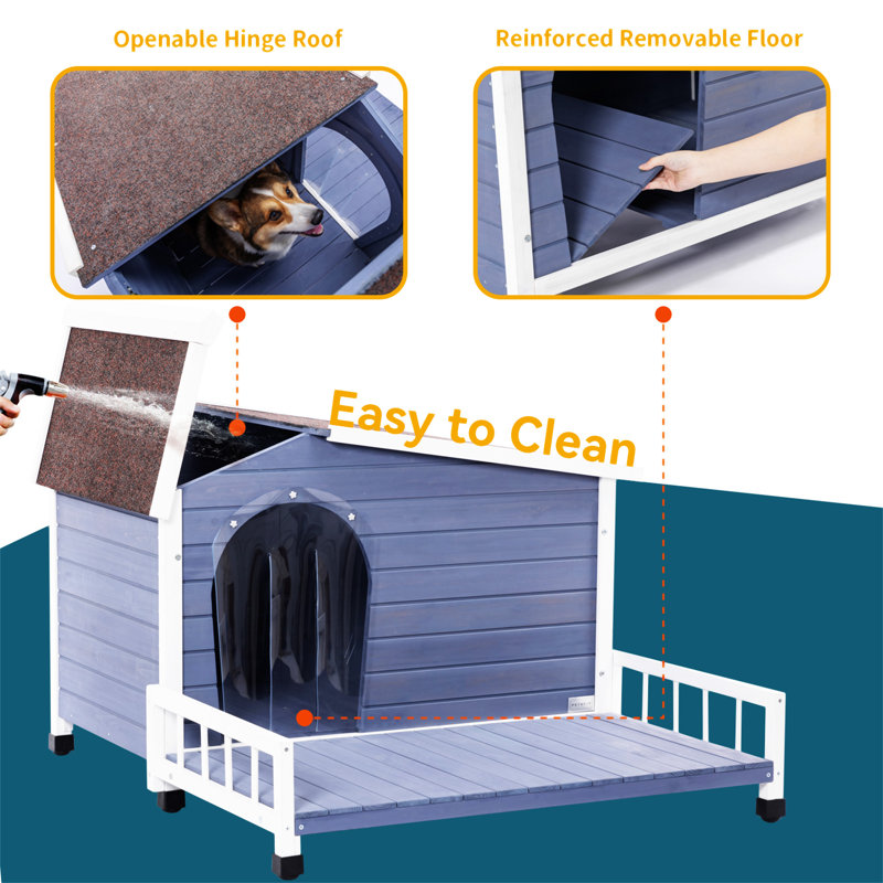 Large Blue and White Wooden Dog House with Terrace