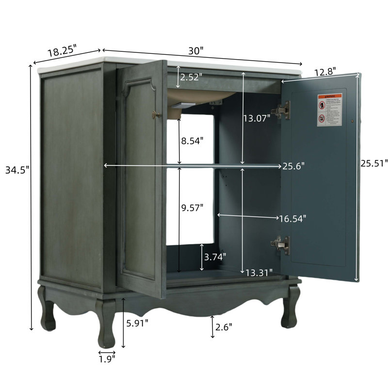 Meuble-lavabo vintage 30 po avec lavabo rectangulaire en céramique, meuble-lavabo avec poignées antiques et 2 portes
