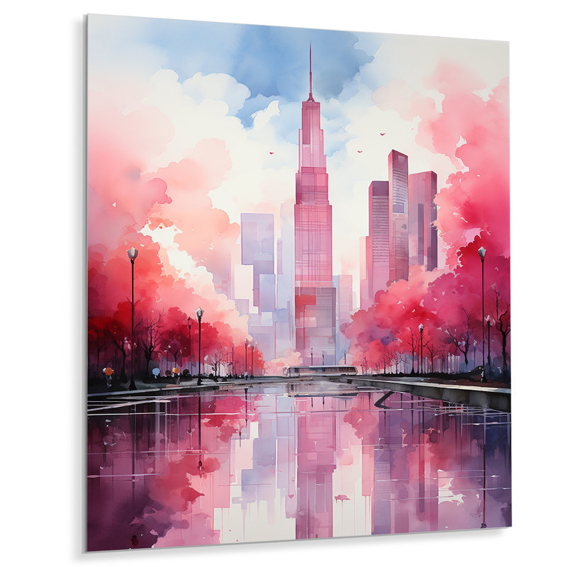Rose et bleu gratte-ciel de New York, art mural en métal gratte-ciel, H 32 po x l 16 po x P 1 po