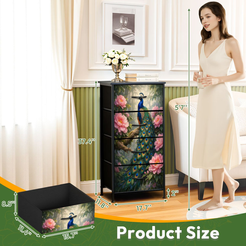Commode 4 tiroirs pour chambre à coucher Plumes de paon éclatantes, branche perchée au milieu de petites fleurs roses