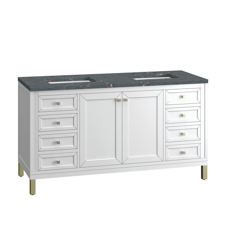 Ensemble de meuble-lavabo double 60 po Chicago, Blanc lustré, Bleu Parisien, 8 po