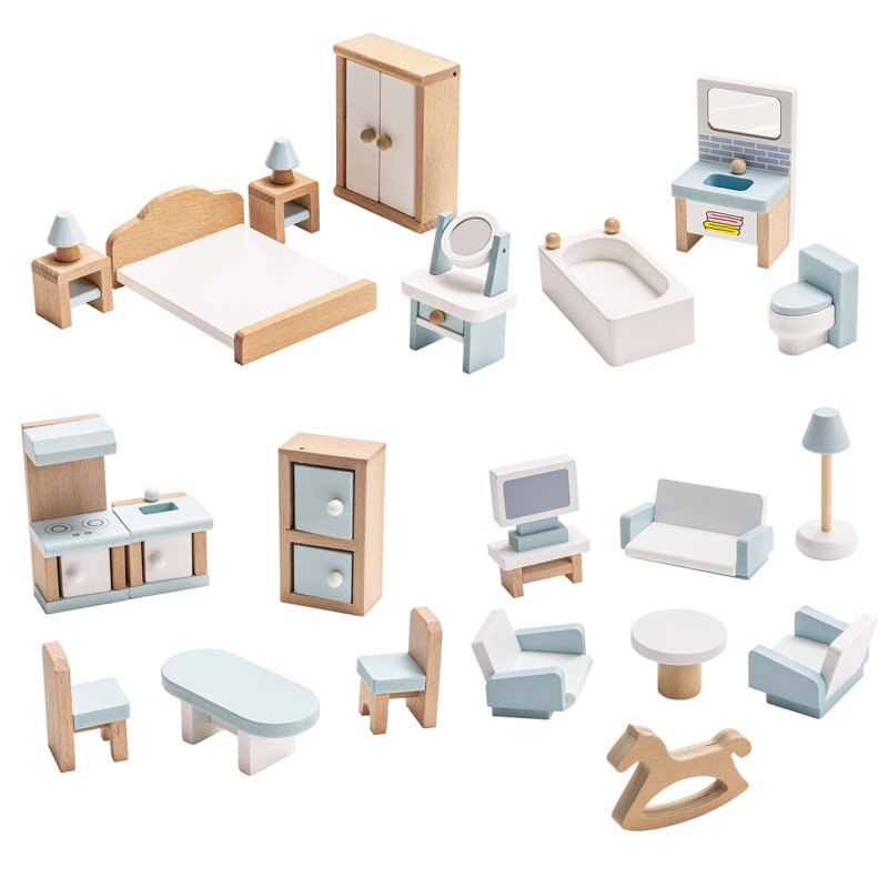 Ensemble 23 pièces de mobilier et accessoires de maison de poupée en bois