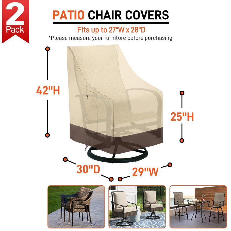 Outdoor High Back Chair Covers Waterproof, Heavy Duty Stackable Dining Swivel Chair Covers, All Weather Resistant Patio Furniture Cover,  2 Pack, Beige & Brown